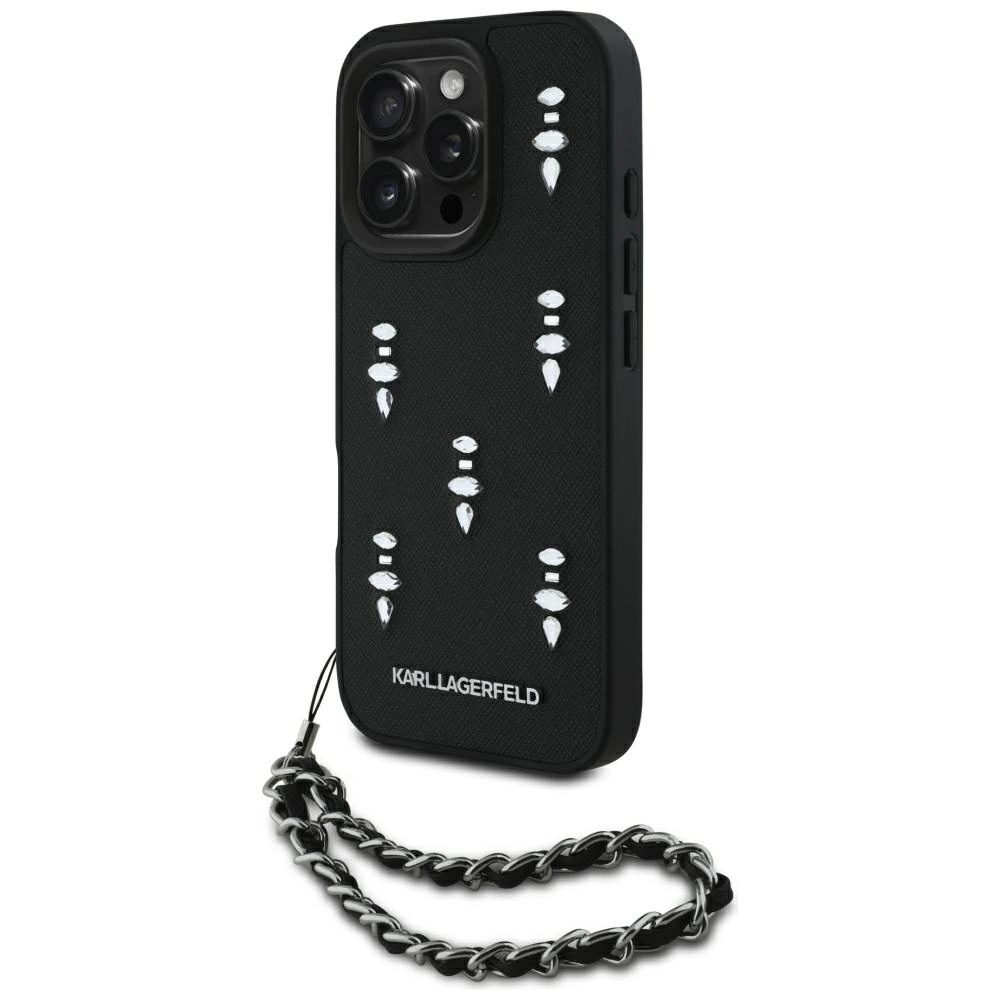 Etui Karl Lagerfeld Saffiano Crystals w/Chain na iPhone 16 Pro Max - czarne
