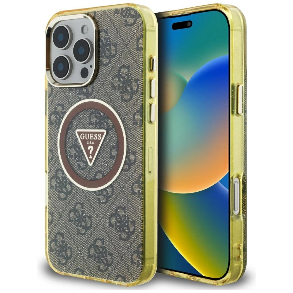 Etui Guess IML Metal Glitter 4G Circle Triangle MagSafe na iPhone 16 Pro - brązowe